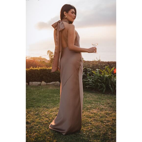 Show Me Your Mumu Lisa Maxi Dress in Dune Luxe Satin S